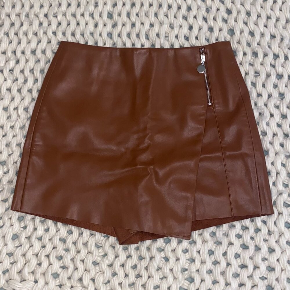 Zara Brown Vegan Leather Mini Skort Medium